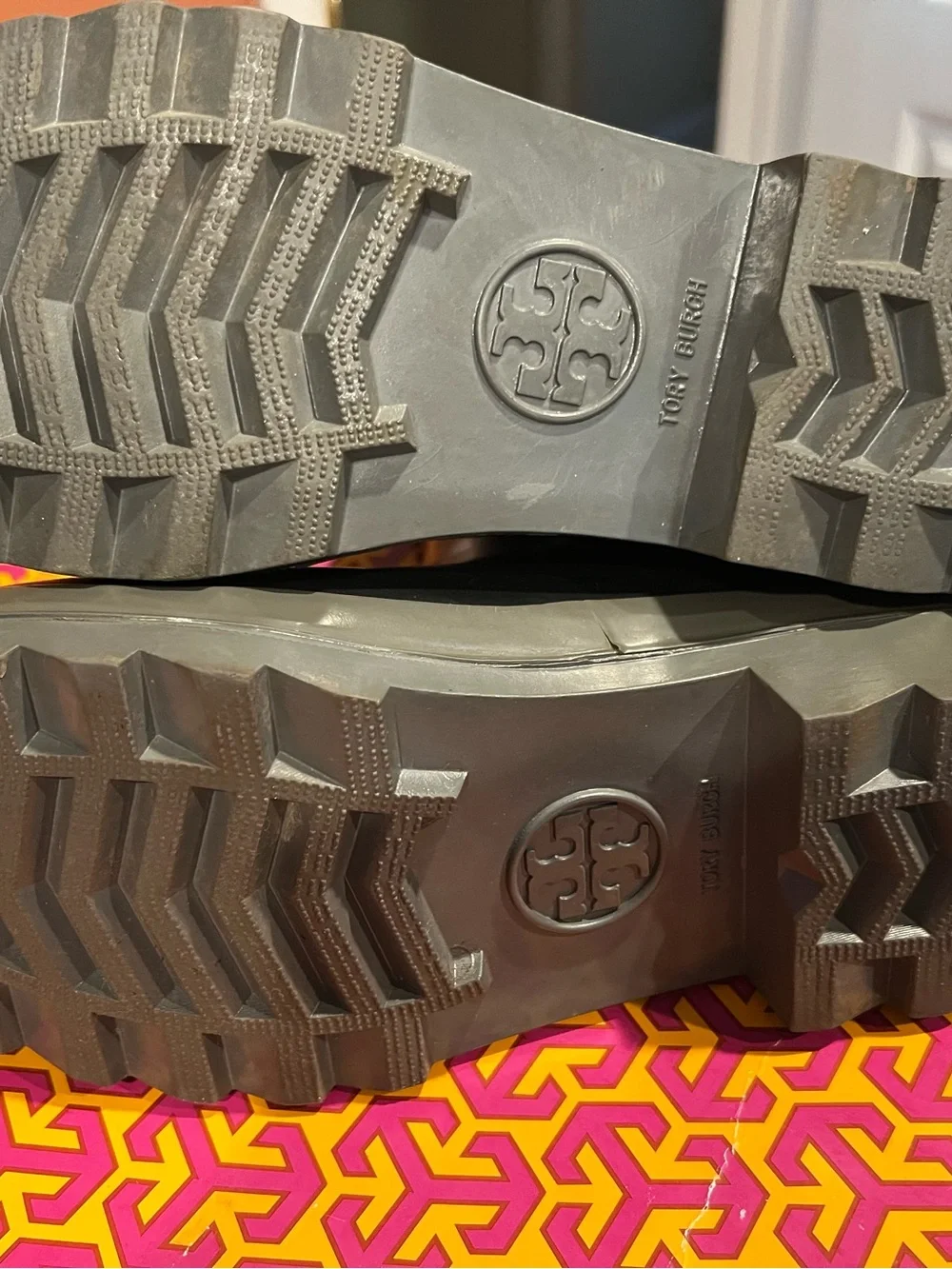 Tory Burch Black Rain Boots with Grey Trim and Logo